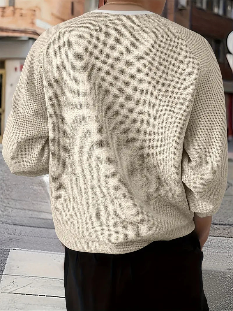 Camiseta Henley de Manga Larga con Textura de Patrón Tipo Panal para Hombre | Ideal para Uso Diario