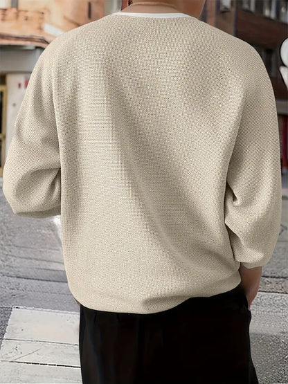 Camiseta Henley de Manga Larga con Textura de Patrón Tipo Panal para Hombre | Ideal para Uso Diario