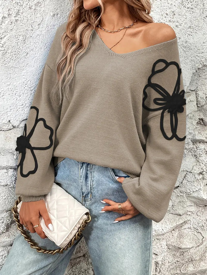 Jersey De Manga Larga Con Escote En V Y Bordados Florales Para Mujer | Ideal Para Uso Diario Y Superposición