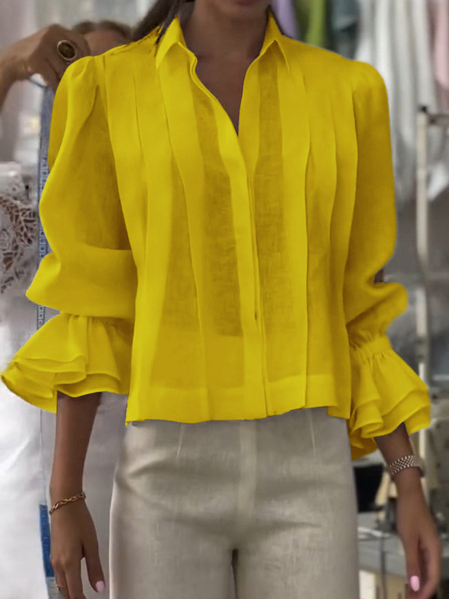 Blusa Corta con Pliegues Verticales y Mangas Abullonadas para Mujeres | Ideal para Uso Diario y Actividades Informales