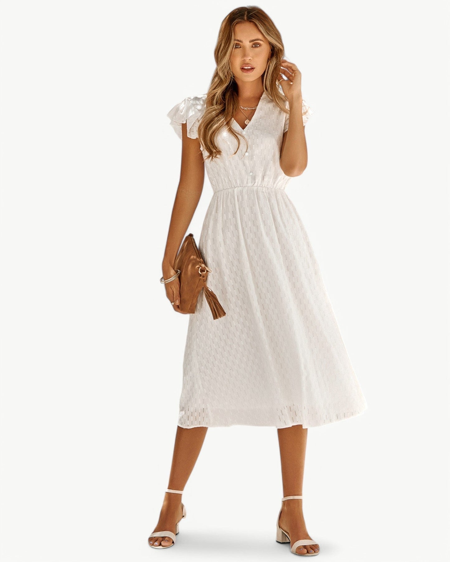 Vestido Midi Con Mangas De Volantes Y Cuello En V Para Mujer | Ideal Para Uso Diario