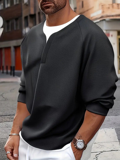 Camiseta Henley de Manga Larga con Textura de Patrón Tipo Panal para Hombre | Ideal para Uso Diario