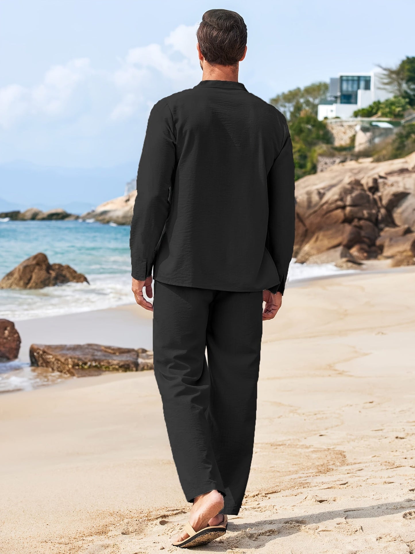 Conjunto De Ropa Dos Piezas Con Top Henley De Manga Larga Y Pantalón Para Hombre | Ideal Para Verano