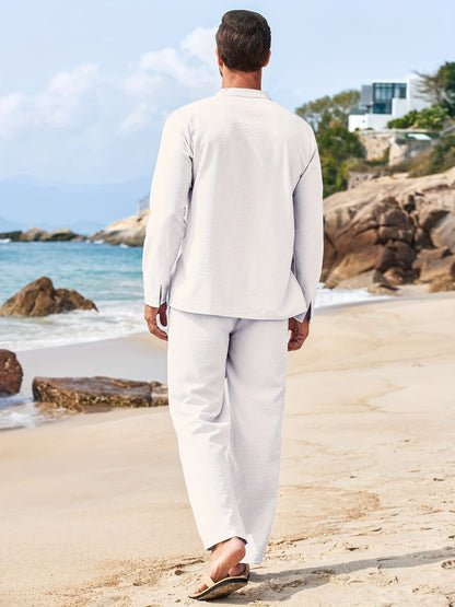 Conjunto De Ropa Dos Piezas Con Top Henley De Manga Larga Y Pantalón Para Hombre | Ideal Para Verano