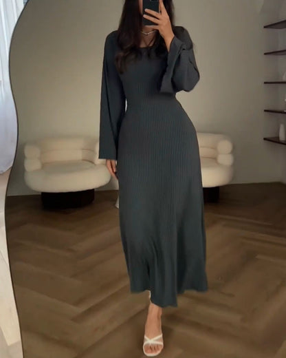 Vestido Largo de Punto con Manga Larga y Cuello Redondo para Mujer | Ideal para Uso Diario