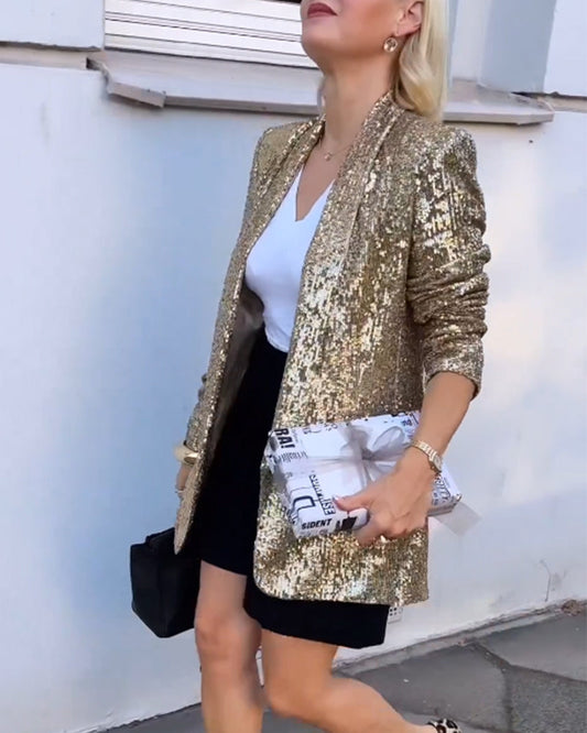 Chaqueta con Superficie de Lentejuelas y Cierre Frontal para Mujer | Ideal para Eventos o Celebraciones