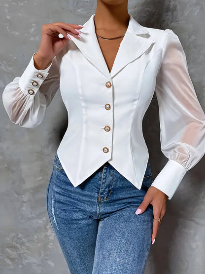 Blusa Con Mangas Semitransparentes Y Puños Con Botones Para Mujer | Ideal Para Trabajo O Eventos Sociales