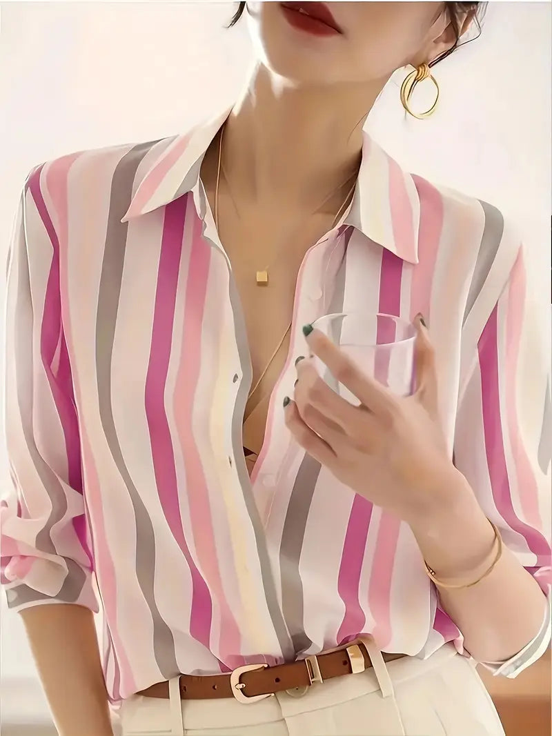 Camisa de Manga Larga con Rayas y Cierre de Botones para Mujer | Ideal para Uso Diario