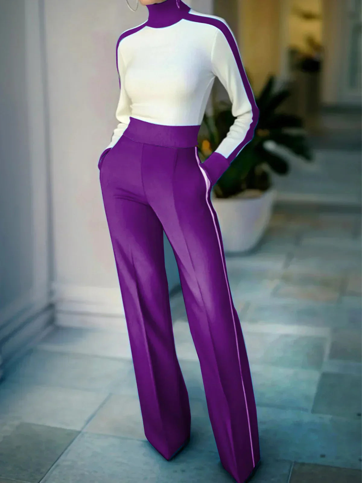 Conjunto De Dos Piezas Con Top De Cuello Alto Y Pantalón Acampanado Para Mujer | Ideal Para Uso Diario