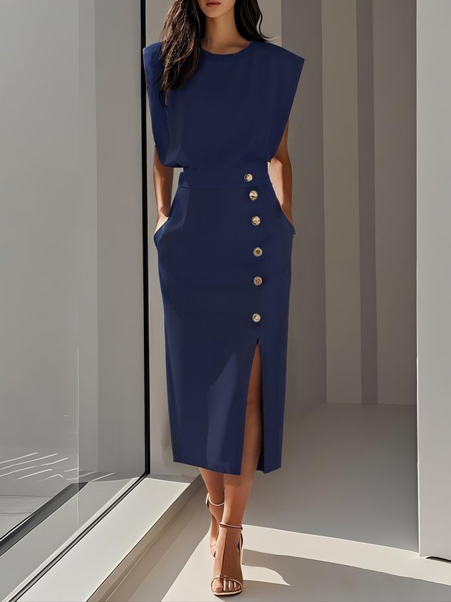 Vestido Midi Sin Mangas Con Botones Frontales Para Mujer | Ideal Para Uso Diario Y Ocasiones