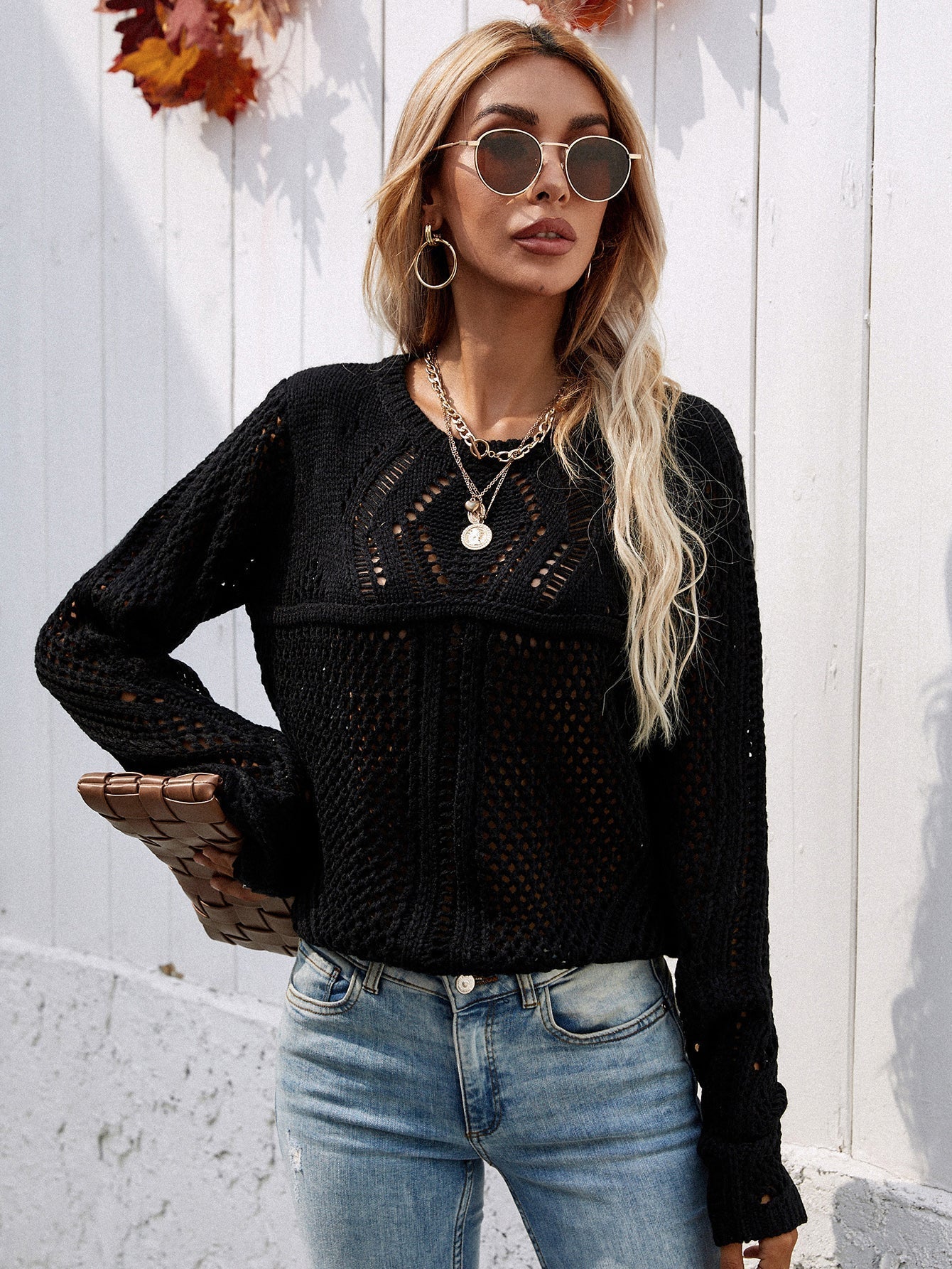 Jersey De Manga Larga Con Punto Calado Y Cuello Redondo Para Mujer | Ideal Para Uso Diario