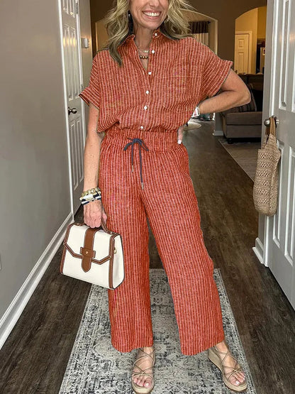 Conjunto De Dos Piezas Con Camisa Abotonada Holgada Y Pantalón Ancho Para Mujer | Ideal Para Uso Diario