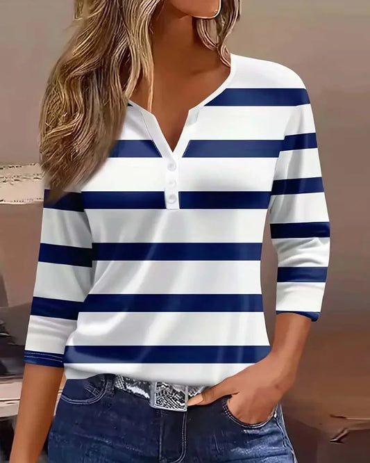 Blusa A Rayas Con Cuello En V Y Mangas Largas Para Mujer | Ideal Para Oficina Y Uso Diario