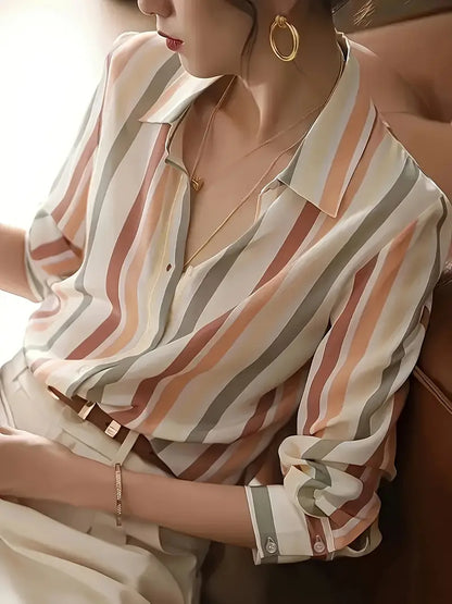 Camisa de Manga Larga con Rayas y Cierre de Botones para Mujer | Ideal para Uso Diario