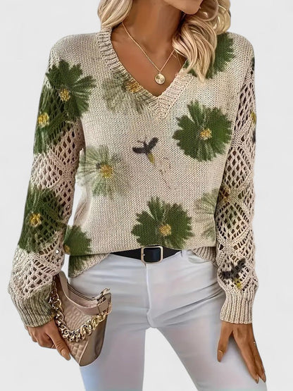 Jersey De Manga Larga Con Motivo Floral Y Cuello En V Para Mujer | Ideal Para Uso Diario