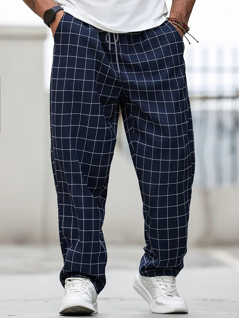 Pantalón de Corte Recto con Motivo Cuadriculado y Cintura Elástica para Hombre | Ideal para Uso Diario