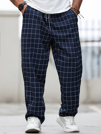 Pantalón de Corte Recto con Motivo Cuadriculado y Cintura Elástica para Hombre | Ideal para Uso Diario