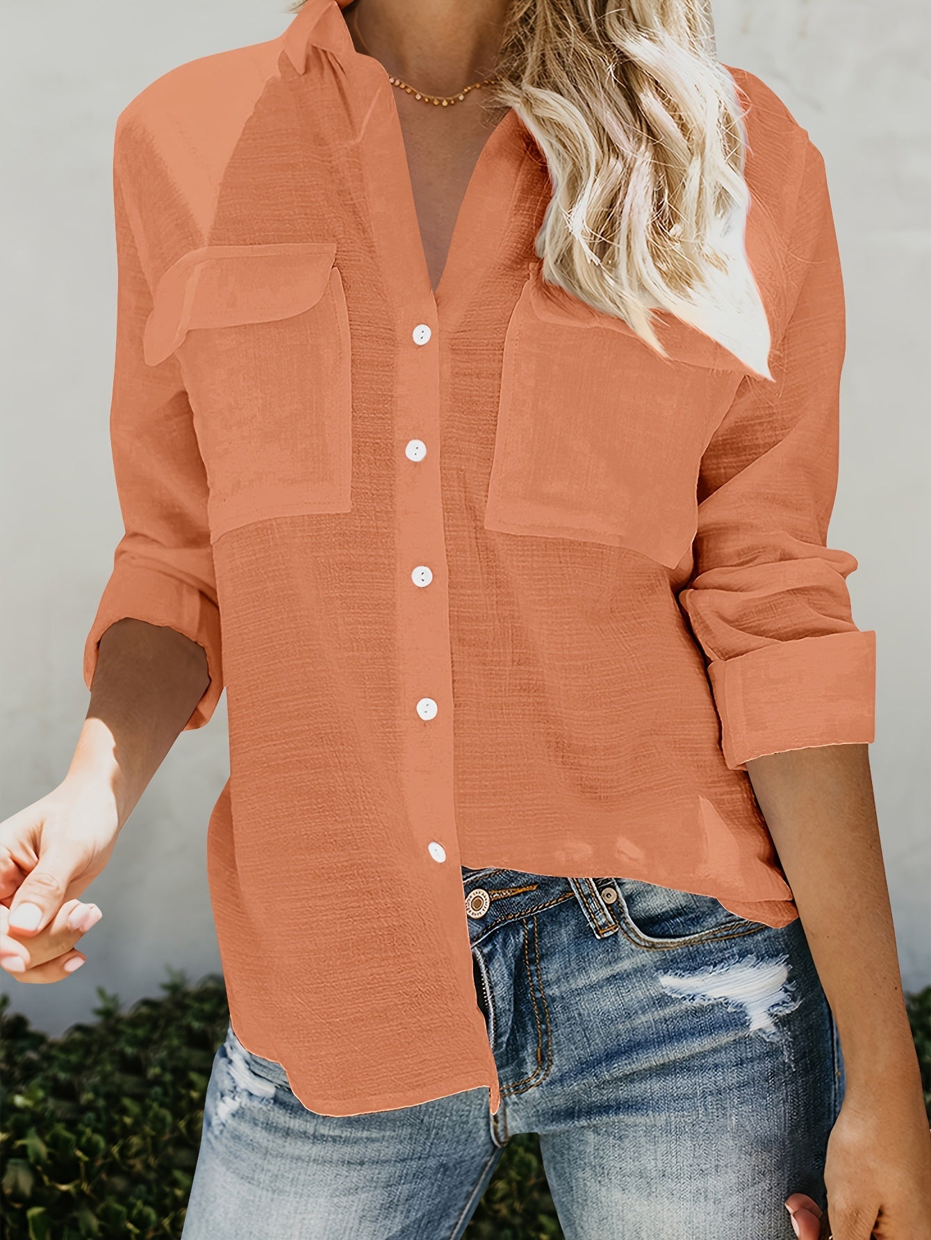 Blusa Con Escote En V, Cierre Con Botones Y Bolsillos Frontales Para Mujer | Ideal Para Uso Diario O Trabajo