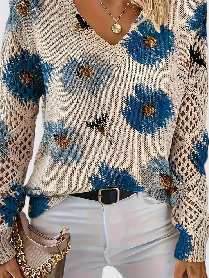 Jersey De Manga Larga Con Motivo Floral Y Cuello En V Para Mujer | Ideal Para Uso Diario