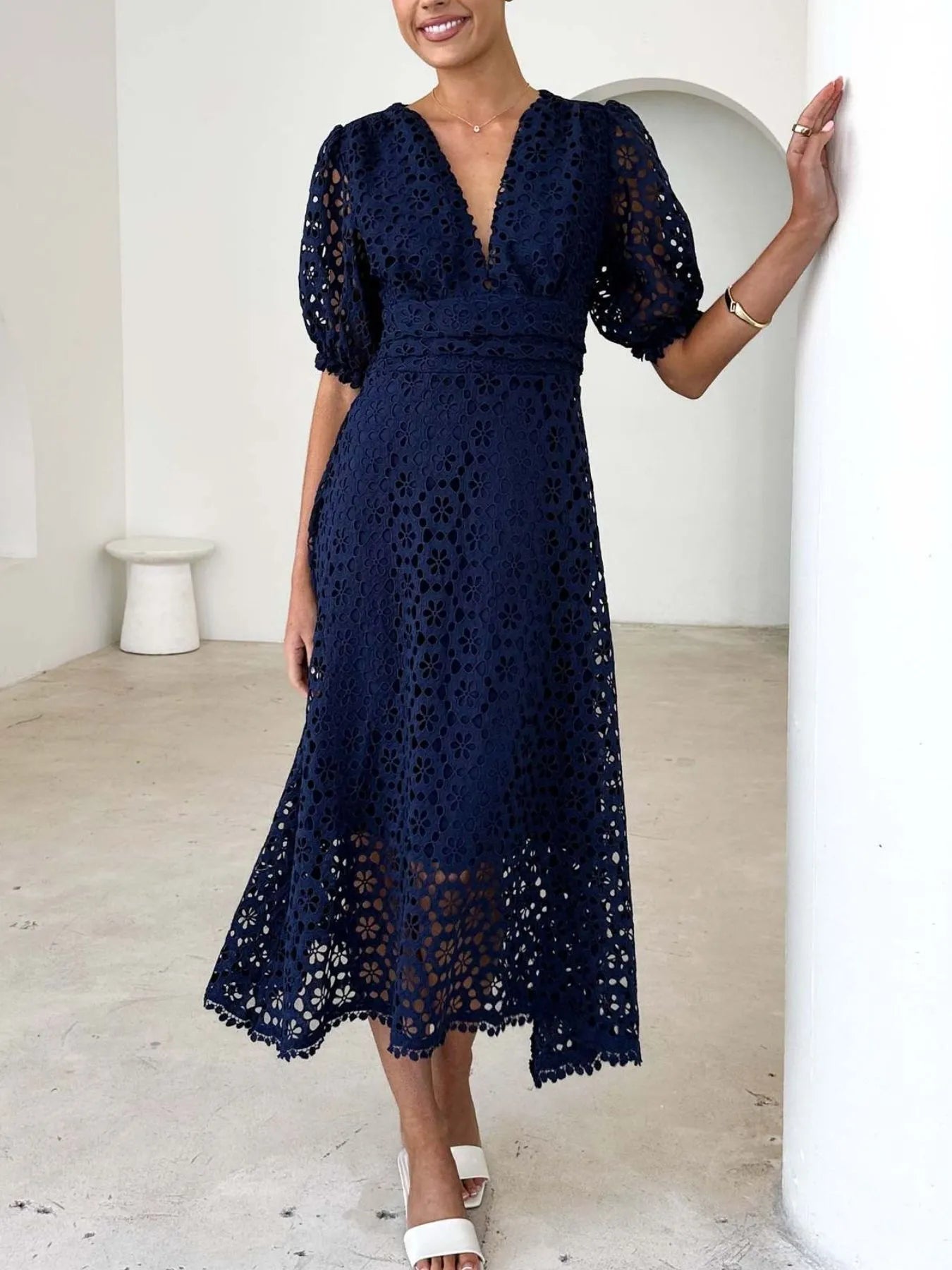Vestido Midi Con Cuello En V Y Mangas Voluminosas Para Mujer | Ideal Para Eventos Formales