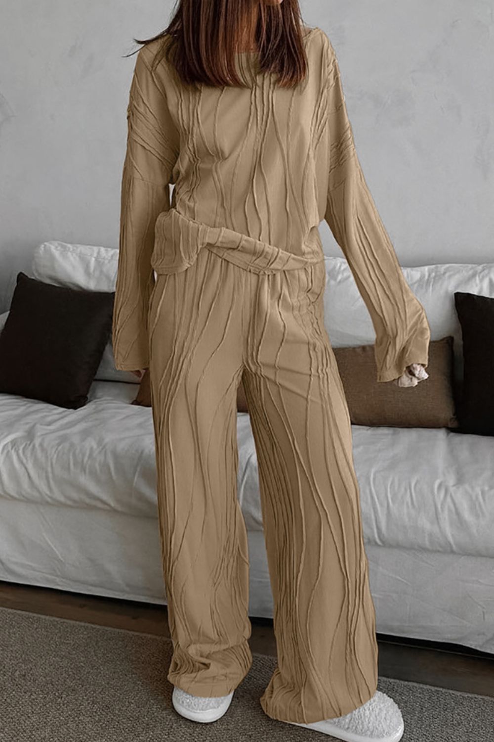 Conjunto De Dos Piezas con Top De Manga Larga y Pantalón Recto para Adultos | Ideal para Uso Diario