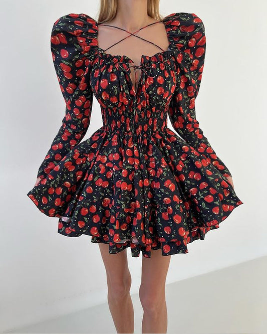 Vestido Corto con Busto Fruncido y Estampado de Cerezas para Mujer | Ideal para Uso Diario