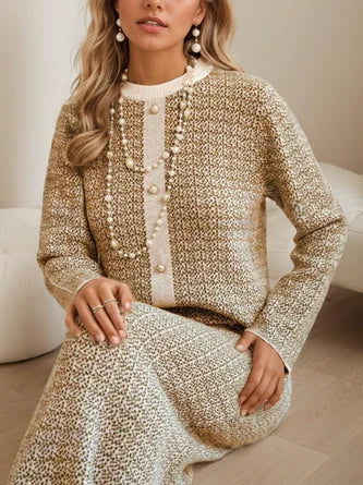Conjunto De Dos Piezas Con Chaqueta De Cuello Redondo Contrastante Y Falda Midi Para Mujer | Ideal Para Reuniones O Eventos
