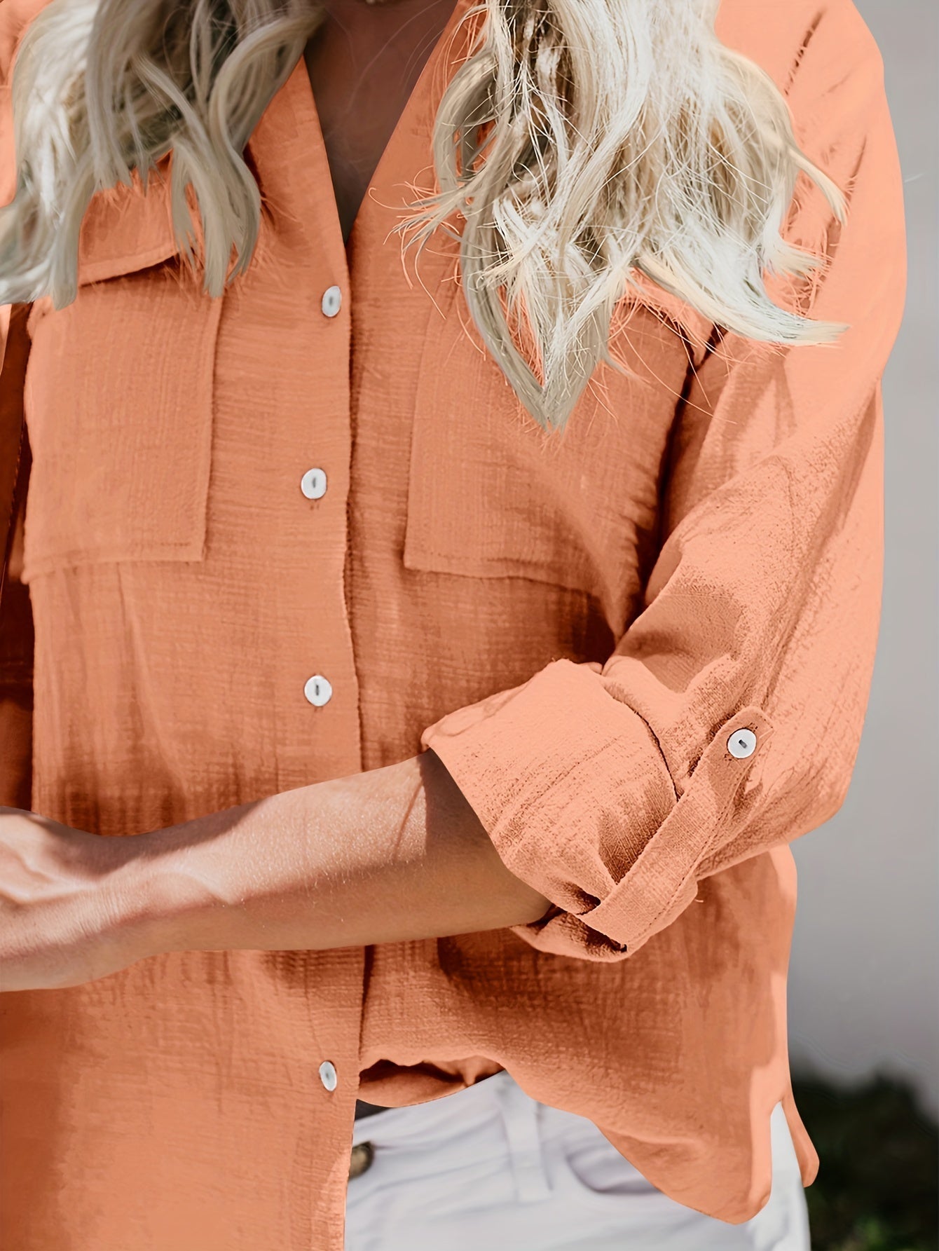 Blusa Con Escote En V, Cierre Con Botones Y Bolsillos Frontales Para Mujer | Ideal Para Uso Diario O Trabajo