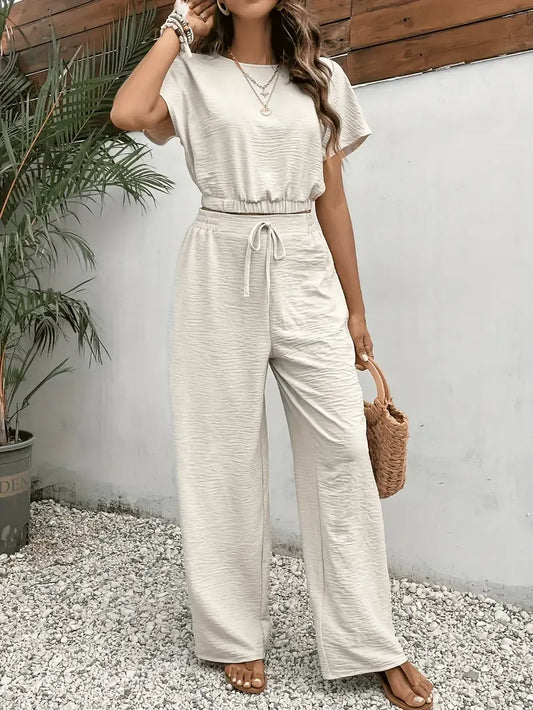 Conjunto Dos Piezas con Top de Manga Corta y Pantalón de Cintura Ajustable para Mujer | Ideal para Días de Verano