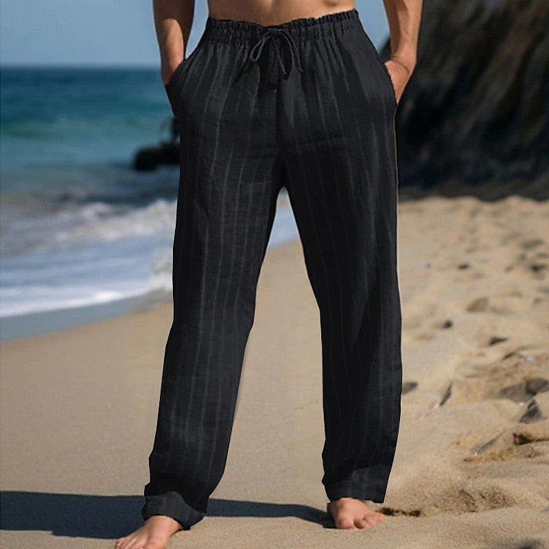 Pantalón De Corte Recto Con Cintura Elástica Y Rayas Verticales Para Hombre | Ideal Para Uso Diario