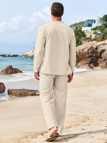 Conjunto De Ropa Dos Piezas Con Top Henley De Manga Larga Y Pantalón Para Hombre | Ideal Para Verano