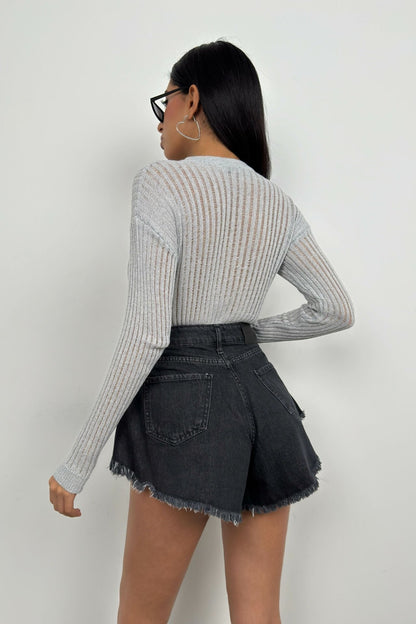 Blusa Gris Acanalada Con Estructura Transparente Para Mujer | Ideal Para Uso Diario Y Eventos