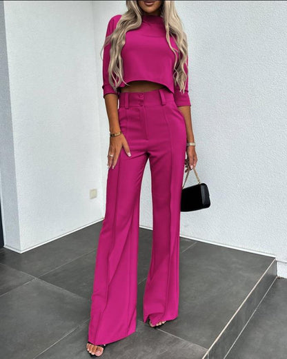 Conjunto De Top De Manga Larga Con Cuello Redondo Y Pantalón Ancho Para Mujeres | Ideal Para Uso Diario Y Oficina