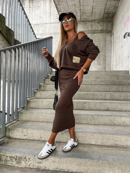 Conjunto de Dos Piezas con Top Oversize y Falda Midi Ajustada para Mujer | Ideal para Ciudad o Uso Informal