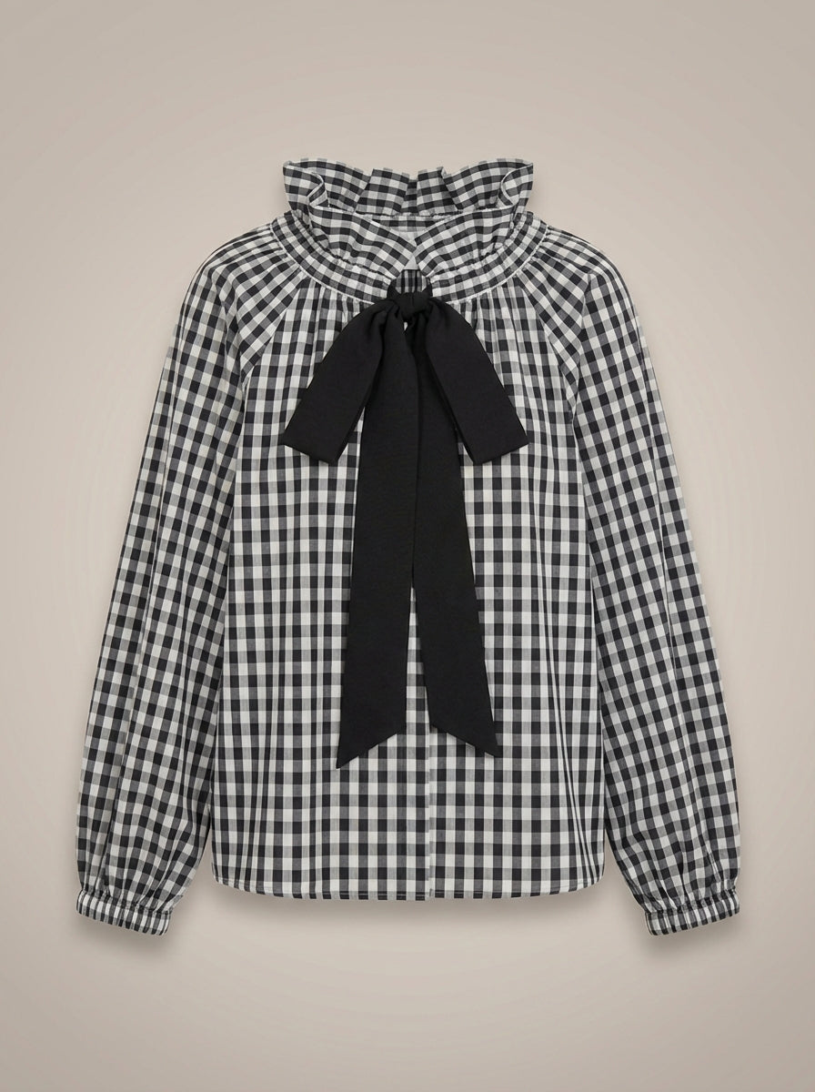 Blusa Ajustada Con Motivo De Cuadros Y Cuello Con Lazo Para Mujer | Ideal Para Uso Diario Y Profesional