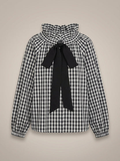 Blusa Ajustada Con Motivo De Cuadros Y Cuello Con Lazo Para Mujer | Ideal Para Uso Diario Y Profesional