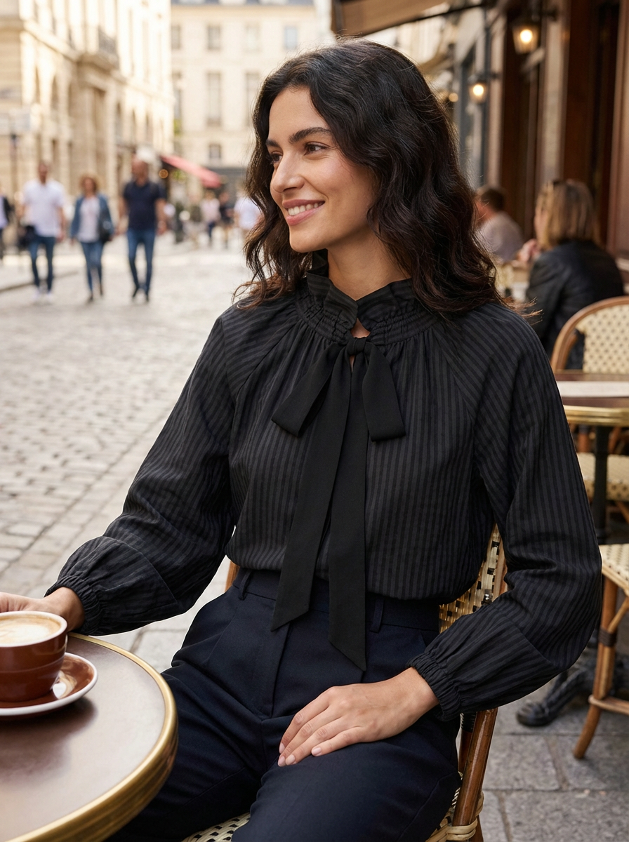 Blusa Ajustada Con Motivo De Cuadros Y Cuello Con Lazo Para Mujer | Ideal Para Uso Diario Y Profesional