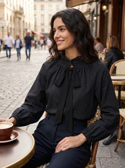 Blusa Ajustada Con Motivo De Cuadros Y Cuello Con Lazo Para Mujer | Ideal Para Uso Diario Y Profesional