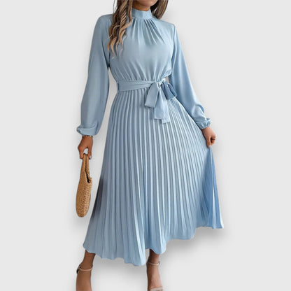 Vestido Midi Con Falda Plisada Y Cinturón Ajustable Para Mujer | Ideal Para Ocasiones Formales Y Uso Diario