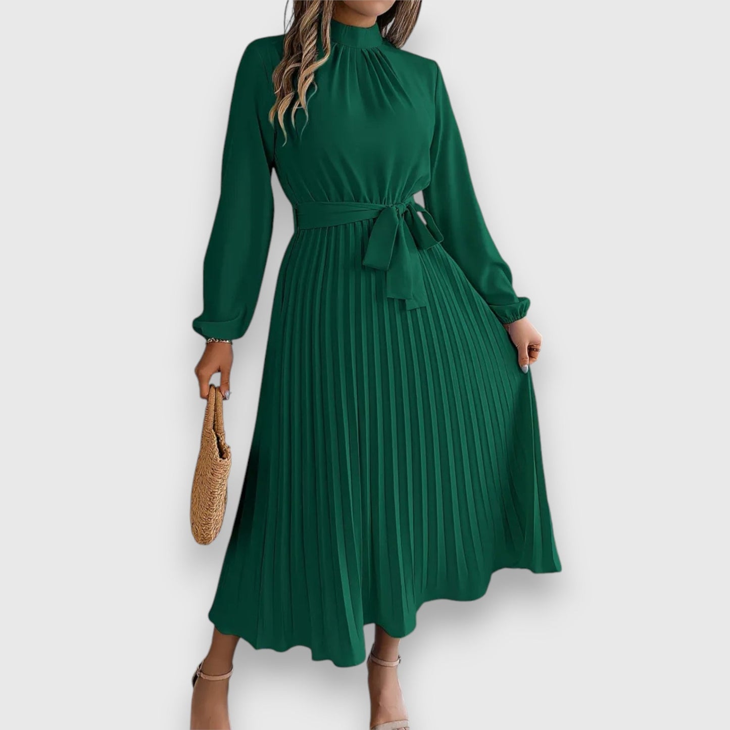 Vestido Midi Con Falda Plisada Y Cinturón Ajustable Para Mujer | Ideal Para Ocasiones Formales Y Uso Diario