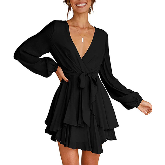 Vestido con Escote en V y Mangas Lanterna Para Mujer | Ideal Para Eventos y Salidas Informales