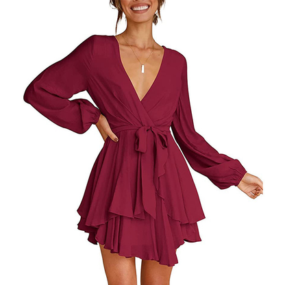 Vestido con Escote en V y Mangas Lanterna Para Mujer | Ideal Para Eventos y Salidas Informales