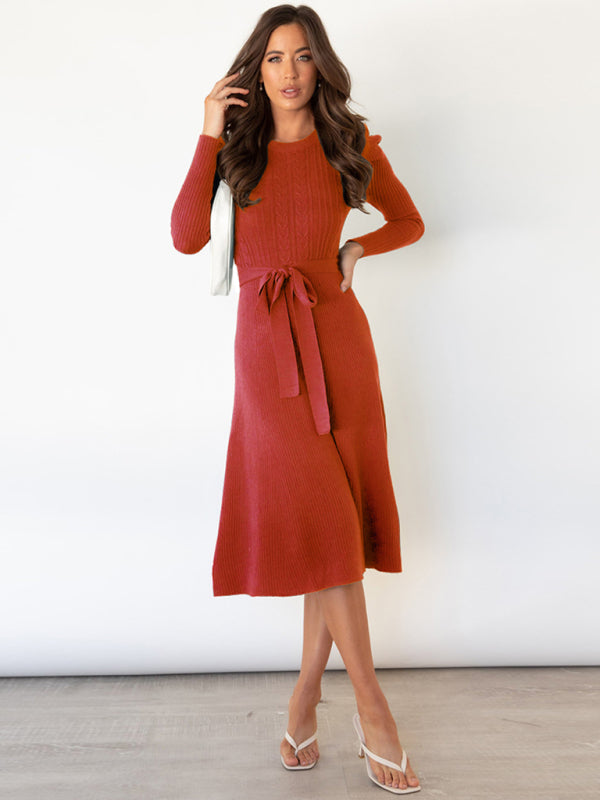 Vestido Midi Acanalado con Cinturón para Anudar para Mujer | Ideal para Uso Diario