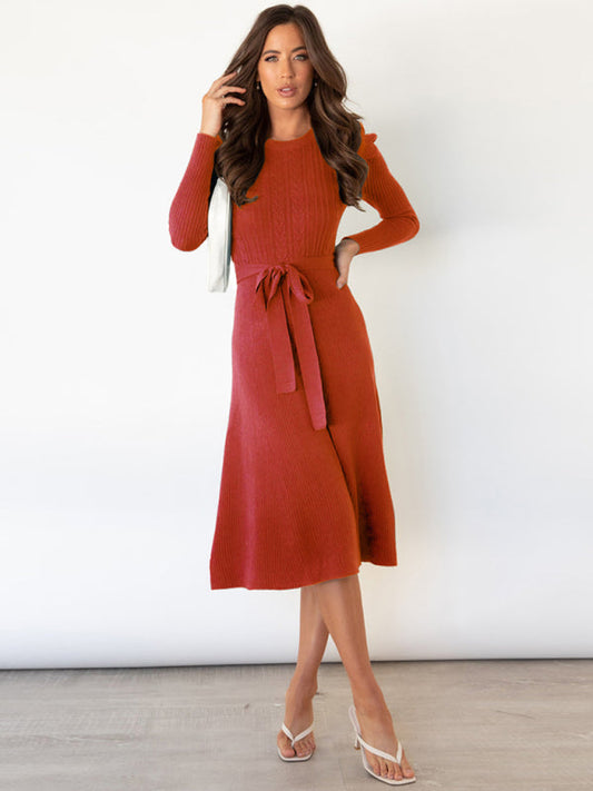 Vestido Midi Acanalado con Cinturón para Anudar para Mujer | Ideal para Uso Diario
