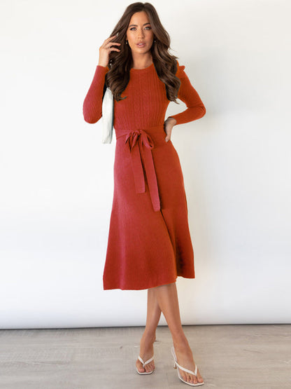 Vestido Midi Con Manga Larga Y Cinturón Para Mujer | Ideal Para Uso Diario