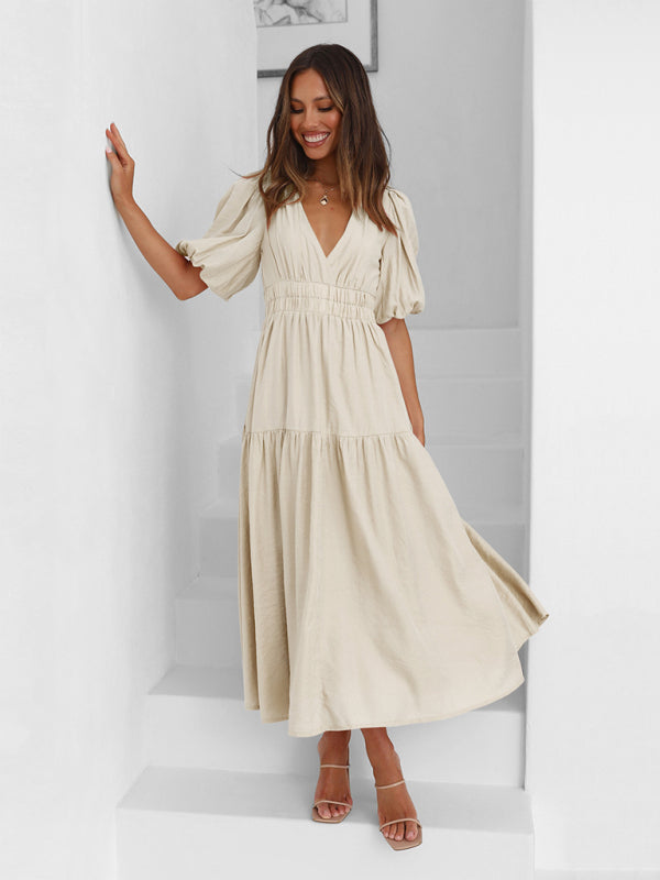 Vestido Midi con Escote en V y Mangas Abullonadas Para Mujer | Ideal Para Uso Diario y Salidas Planificadas