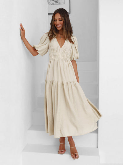 Vestido Midi con Escote en V y Mangas Abullonadas Para Mujer | Ideal Para Uso Diario y Salidas Planificadas