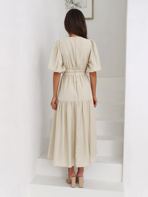 Vestido Midi con Escote en V y Mangas Abullonadas Para Mujer | Ideal Para Uso Diario y Salidas Planificadas