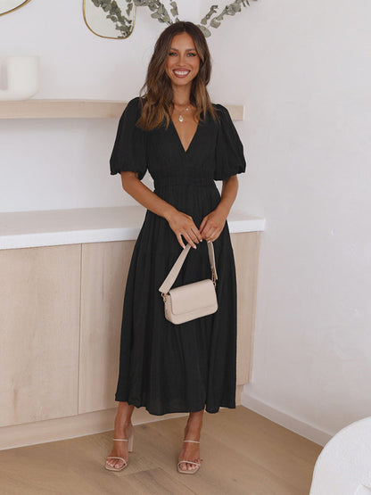 Vestido Midi con Escote en V y Mangas Abullonadas Para Mujer | Ideal Para Uso Diario y Salidas Planificadas