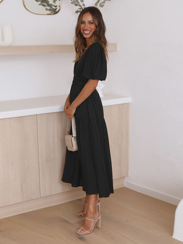 Vestido Midi con Escote en V y Mangas Abullonadas Para Mujer | Ideal Para Uso Diario y Salidas Planificadas